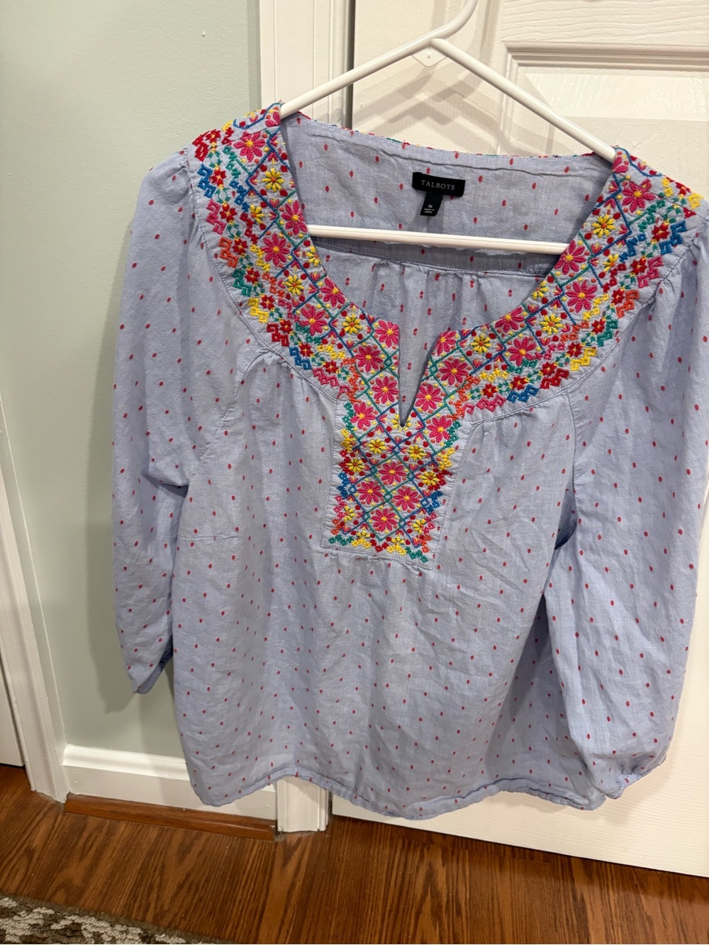 Talbots Light Blue Embroidered Tunic with Multicolor Floral Yoke